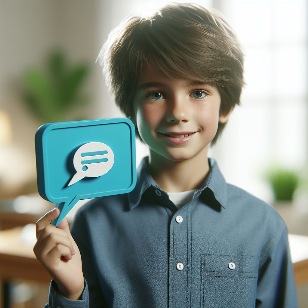 A 9-year-old male student holds a 3D message icon