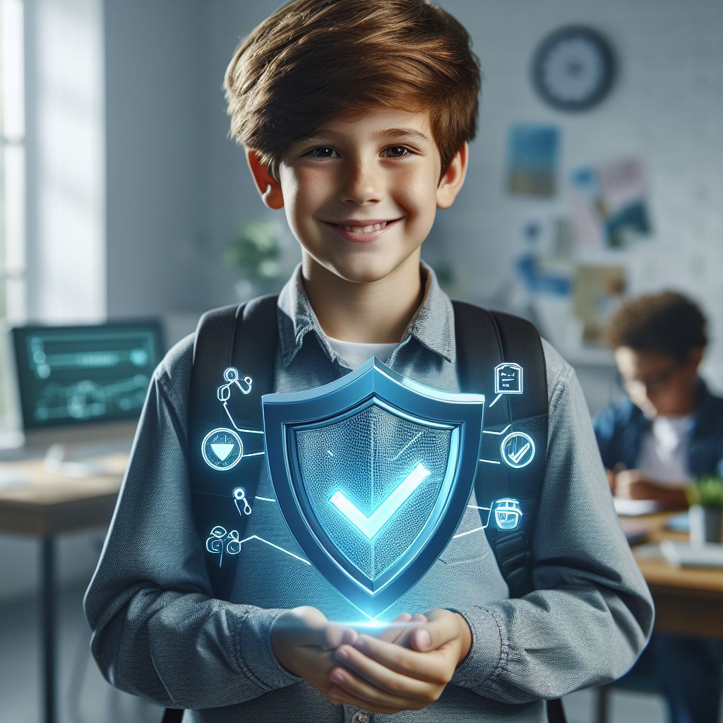 A 9-year-old male student holds a 3D shield icon in his hand