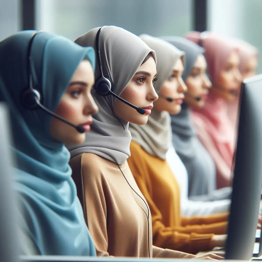 A set of hijab-wearing call center women in a company whose computers